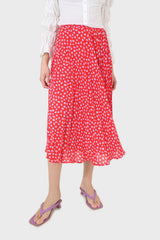 Red and pink heart print pleated midi skirt