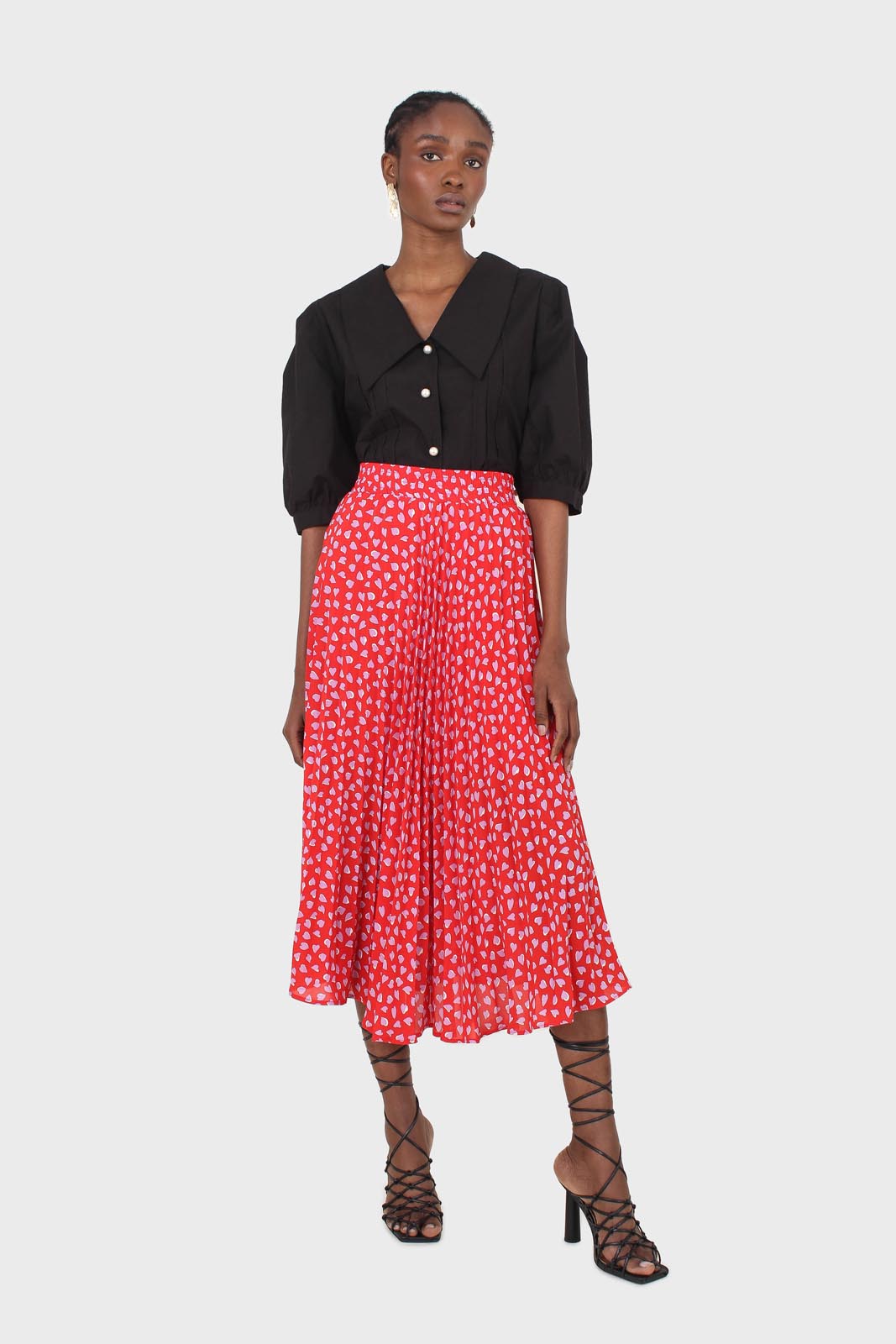 Red and pink heart print pleated midi skirt