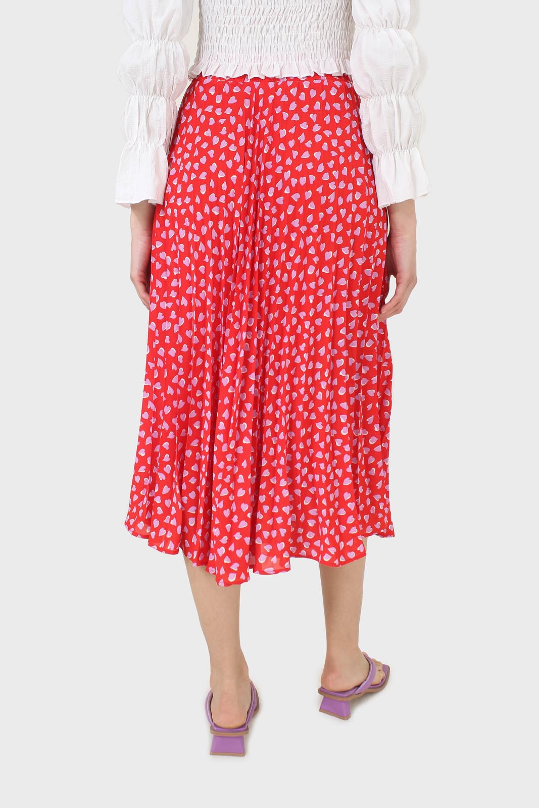 Red and pink heart print pleated midi skirt