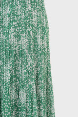 Green and white printed pleated midi skirt