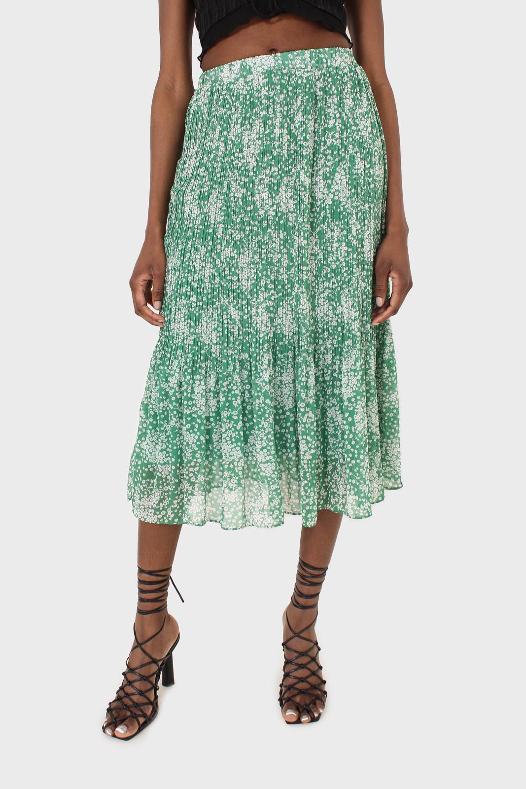 Green and white printed pleated midi skirt