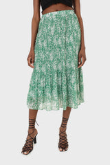 Green and white printed pleated midi skirt