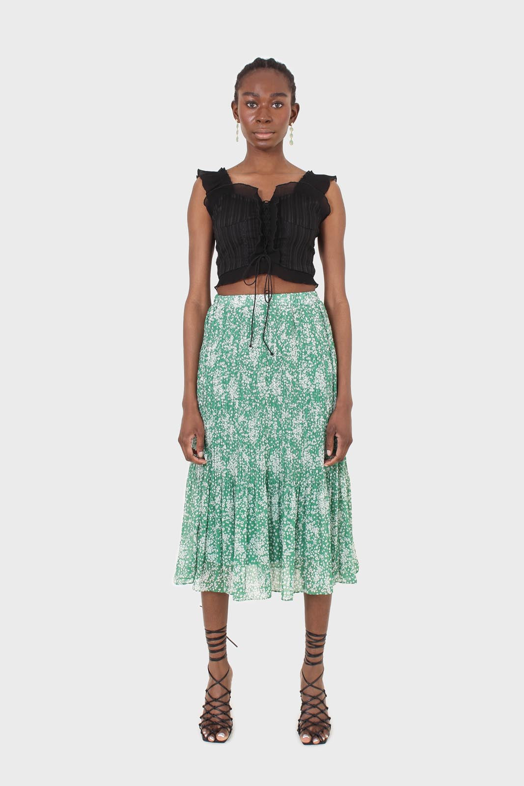 Green and white printed pleated midi skirt