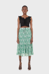Green and white printed pleated midi skirt