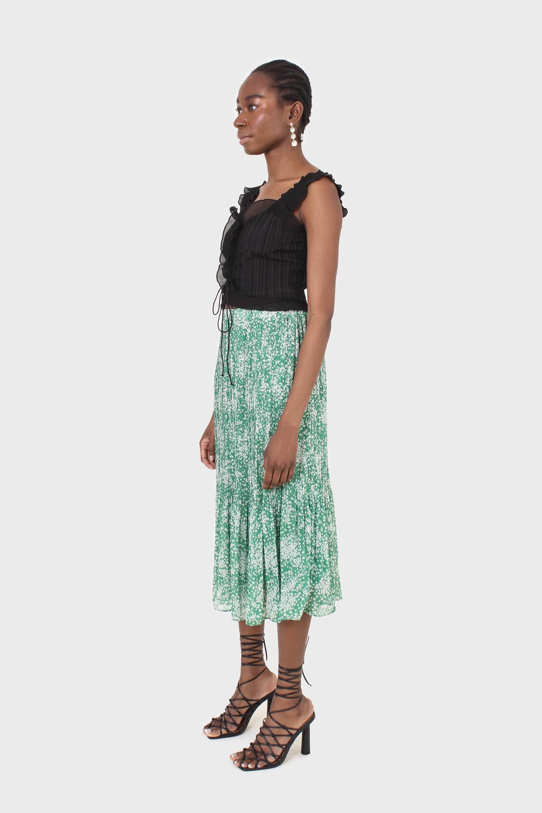 Green and white printed pleated midi skirt
