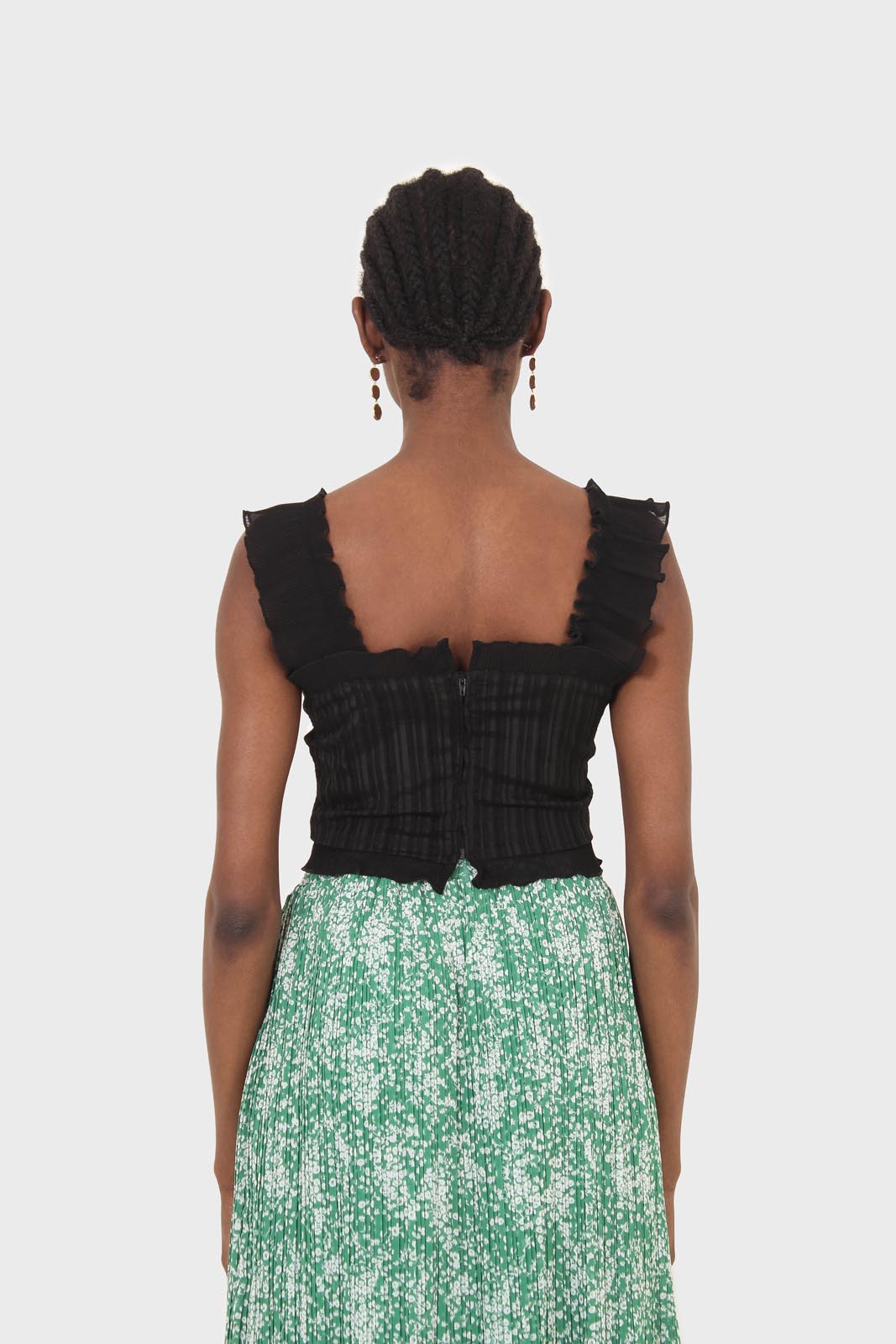 Green and white printed pleated midi skirt