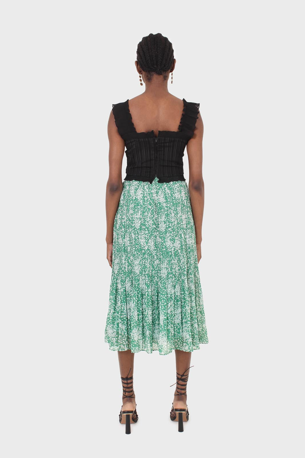 Green and white printed pleated midi skirt