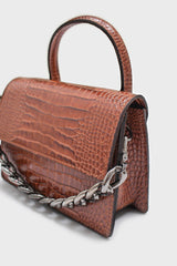 Brown croc skin rectangle thick chain handbag
