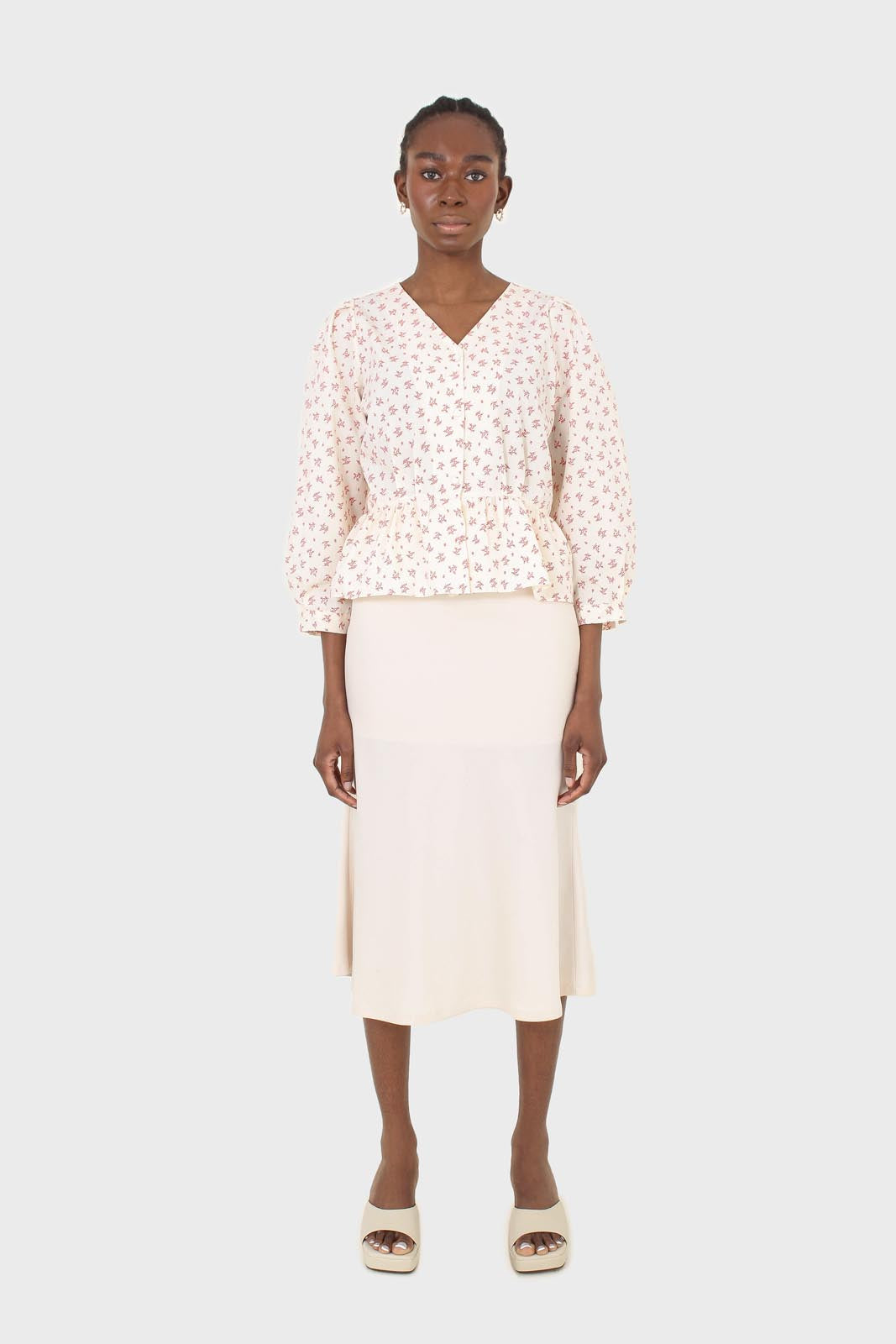 Ivory and red floral print cotton blouse