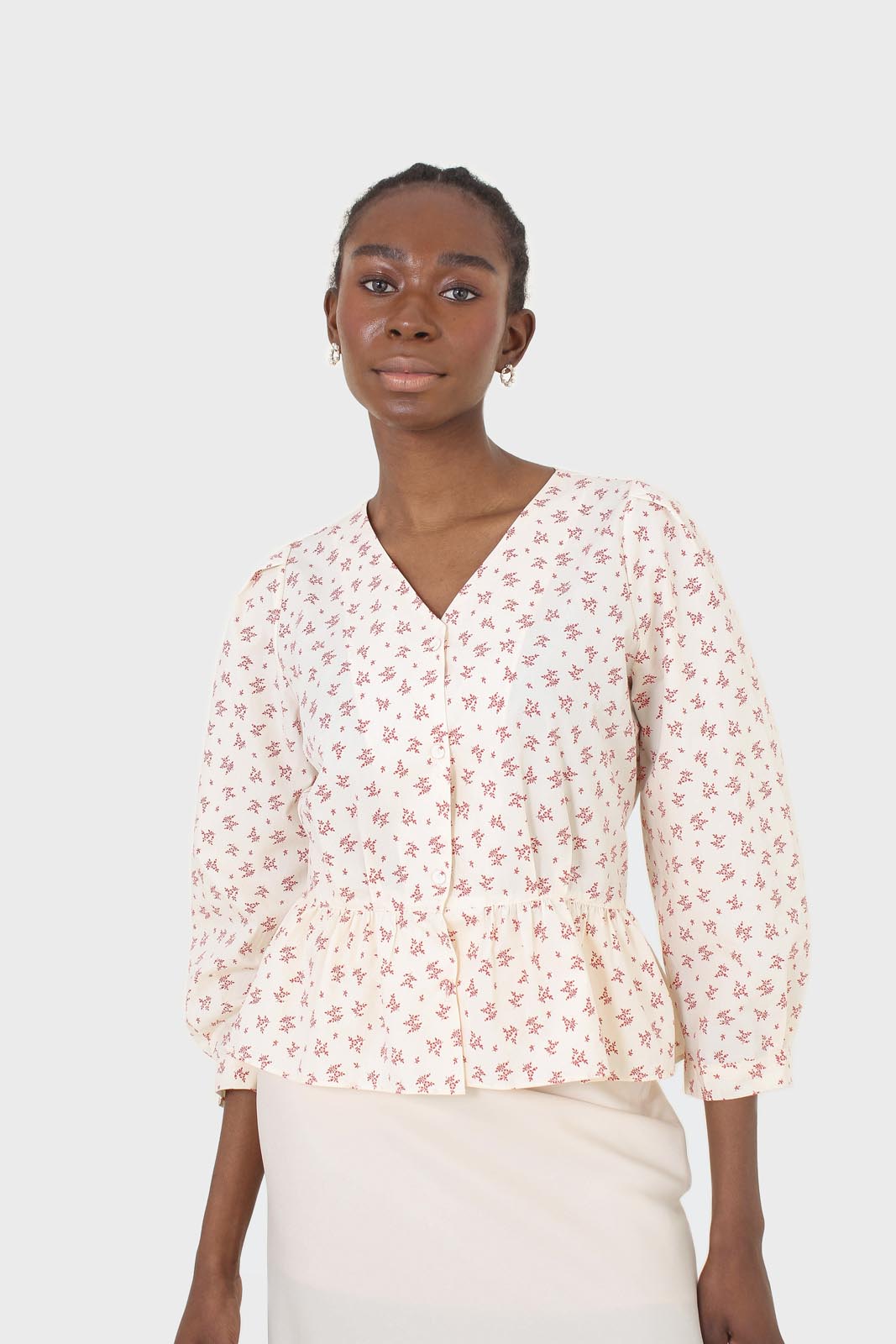Ivory and red floral print cotton blouse