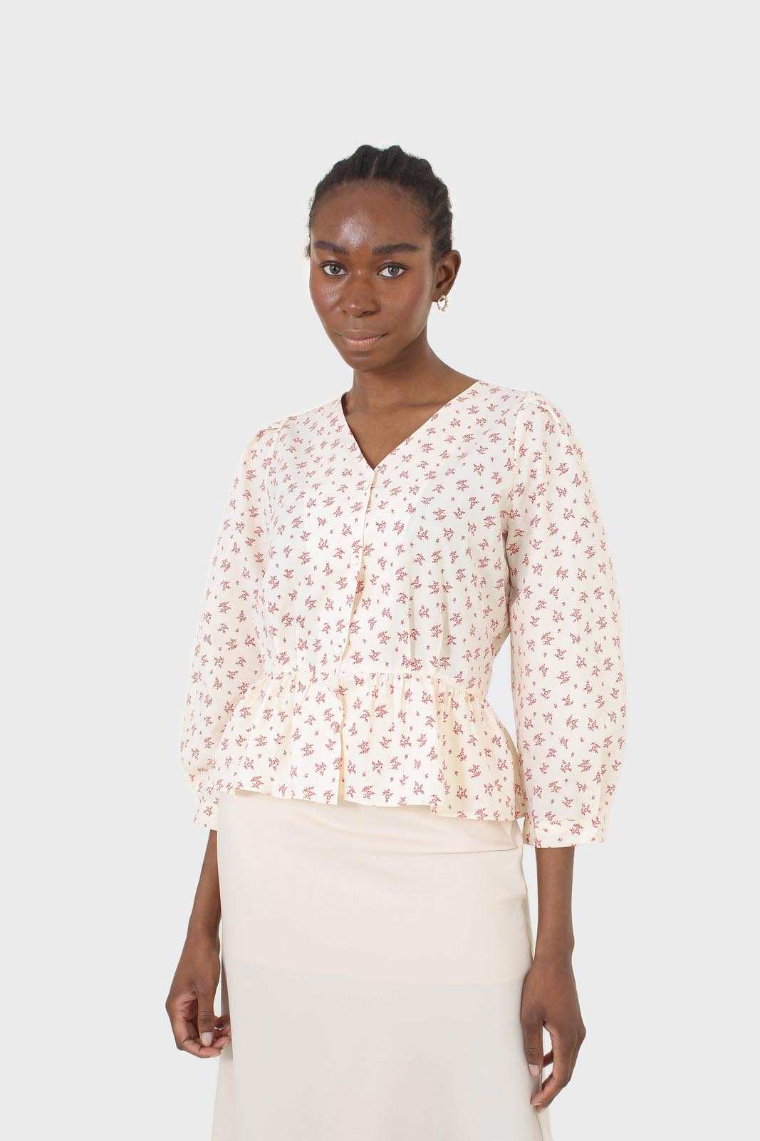 Ivory and red floral print cotton blouse