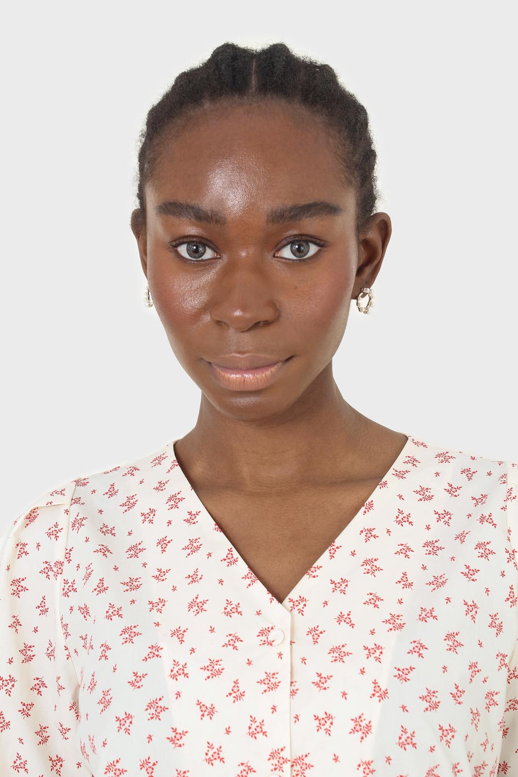Ivory and red floral print cotton blouse