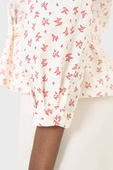 Ivory and red floral print cotton blouse
