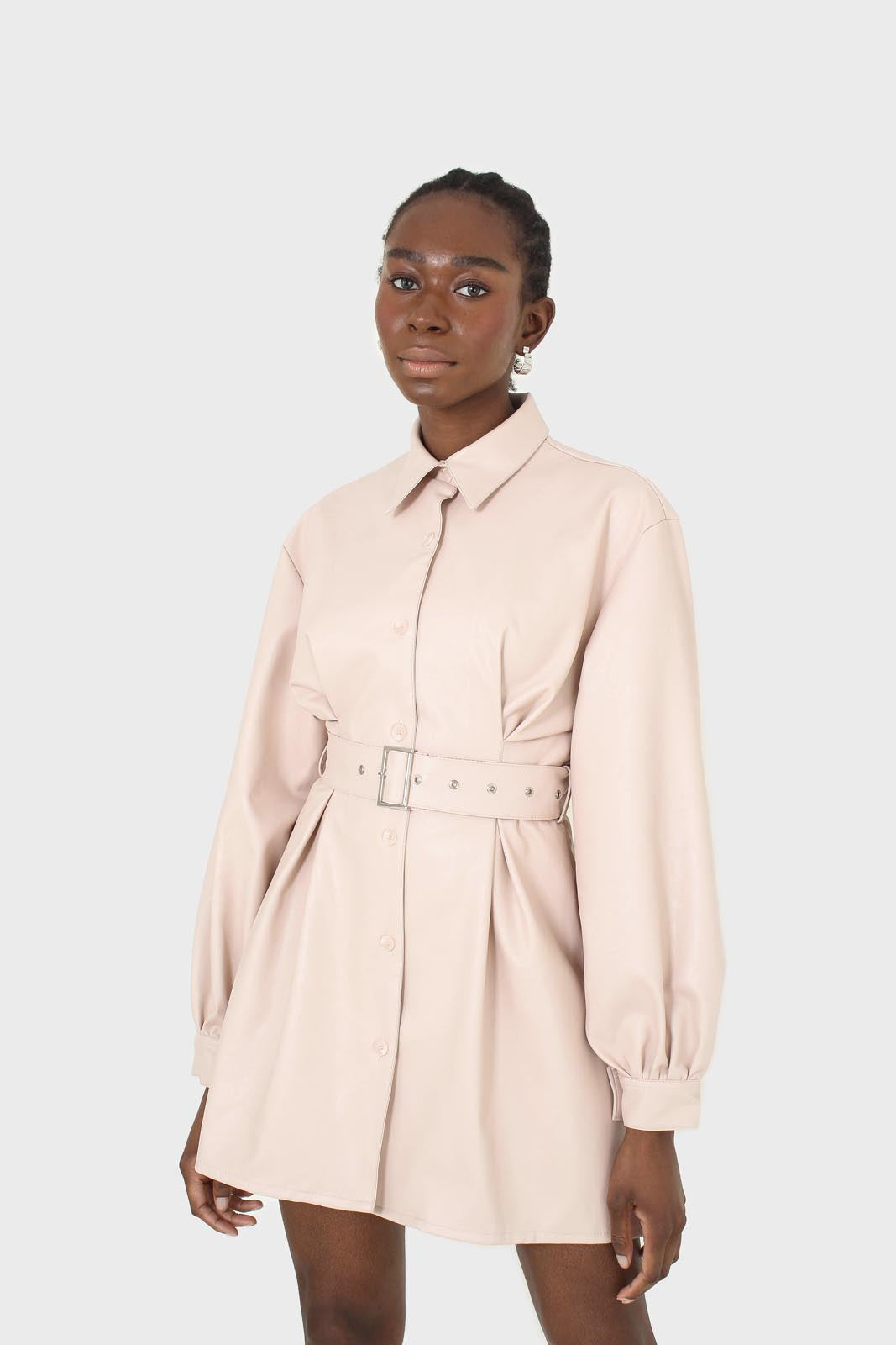 Pale pink vegan leather belted dress