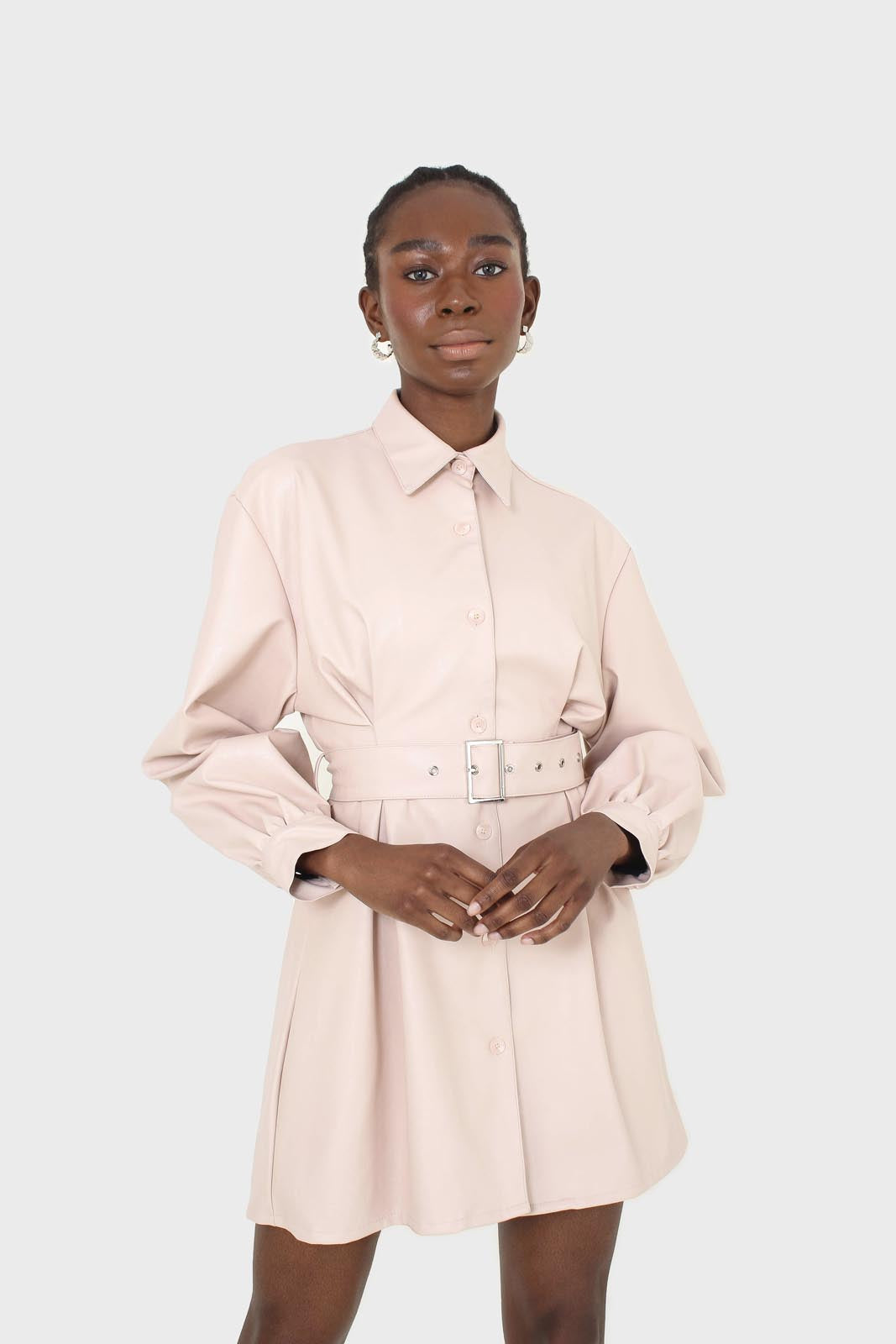 Pale pink vegan leather belted dress