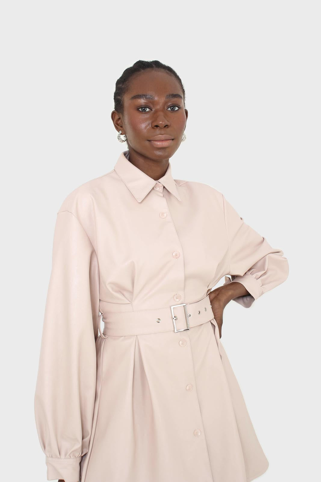 Pale pink vegan leather belted dress