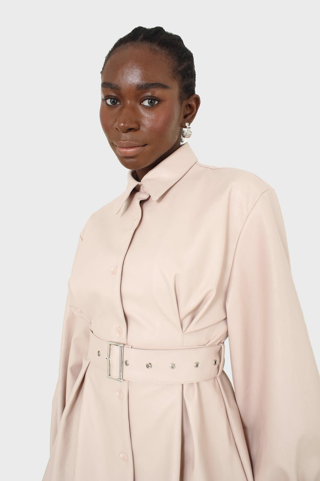 Pale pink vegan leather belted dress