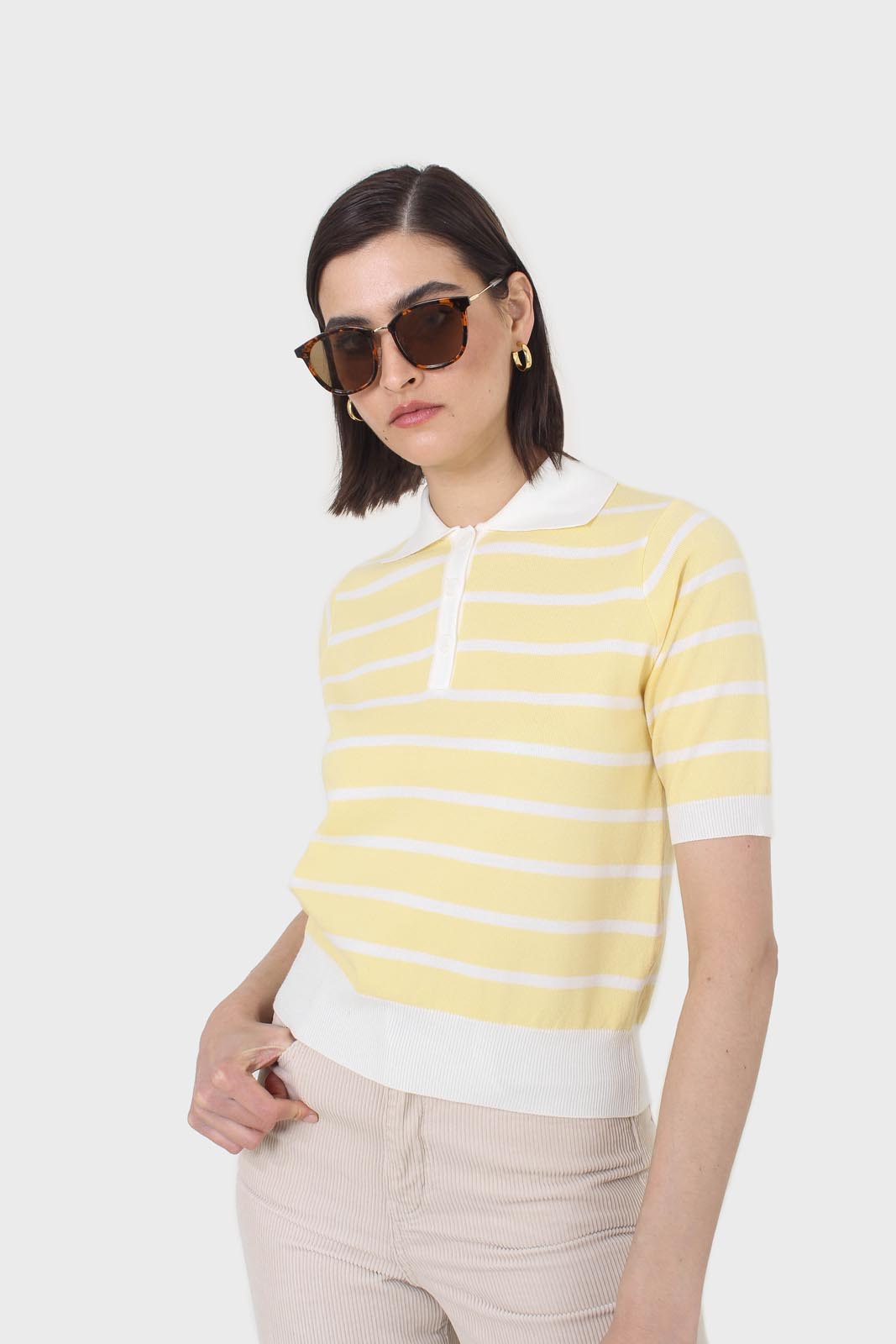 Yellow striped polo knit top