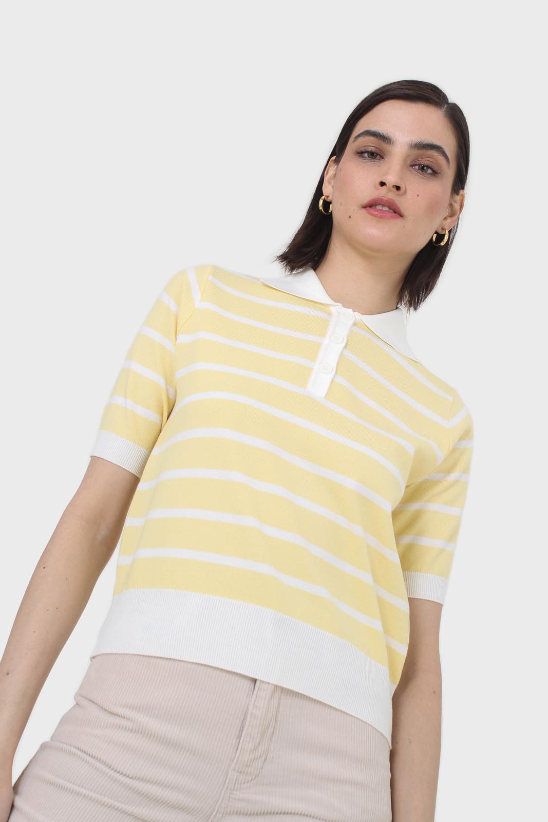 Yellow striped polo knit top