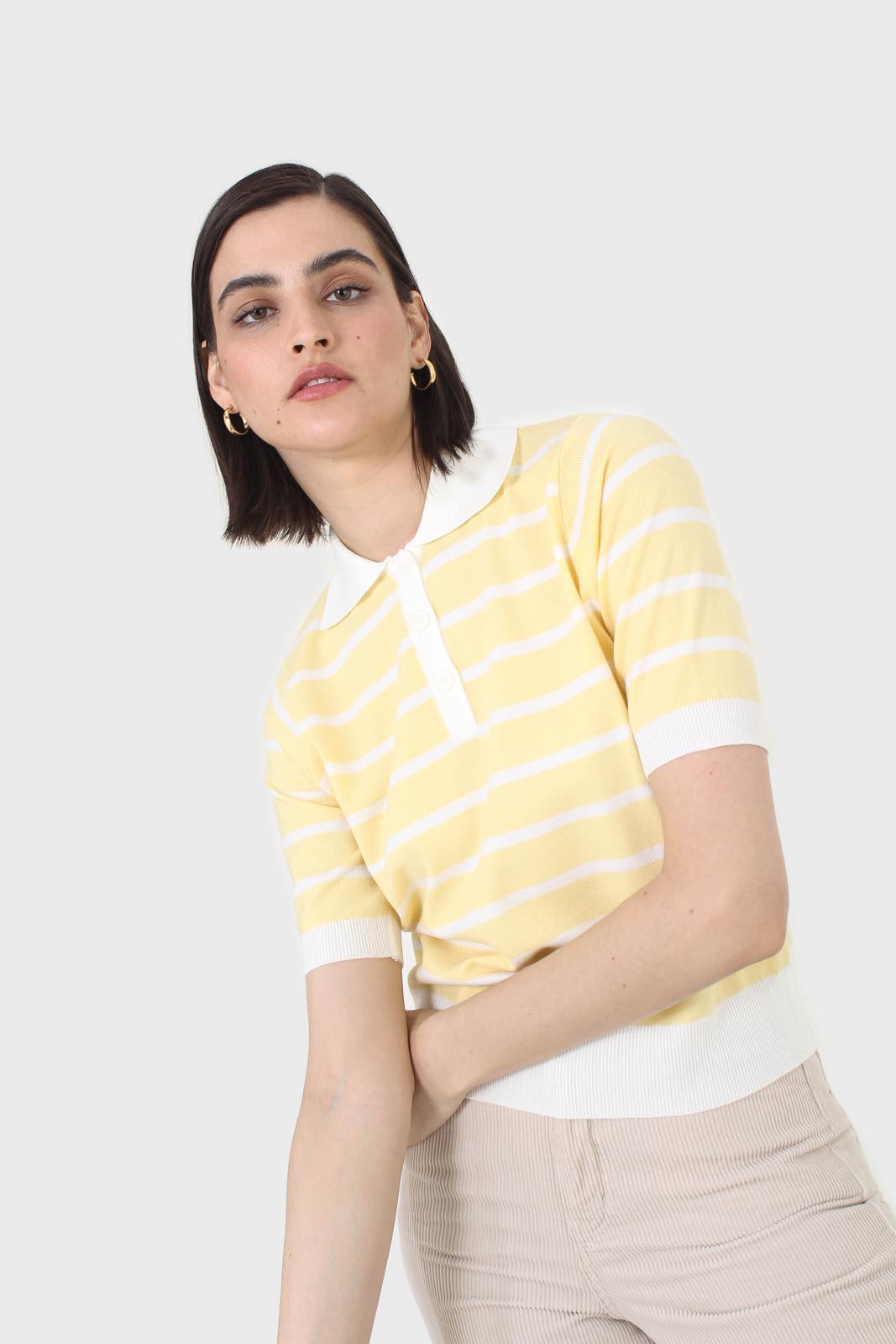 Yellow striped polo knit top