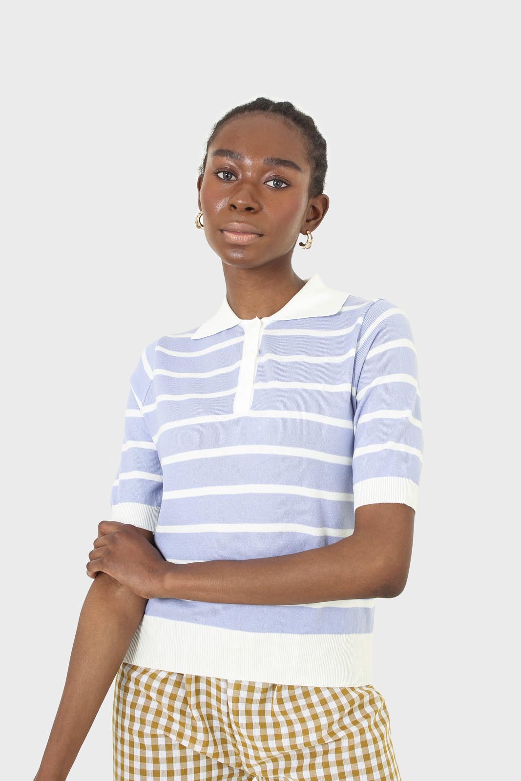 Blue striped polo knit top