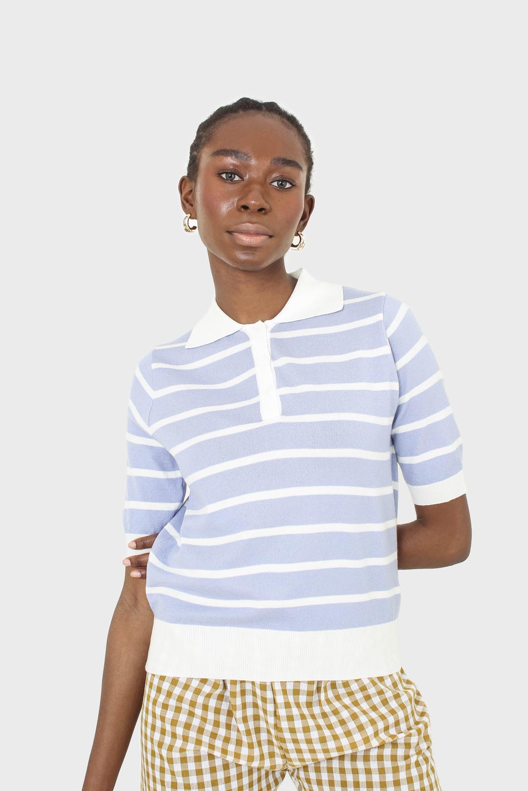 Blue striped polo knit top