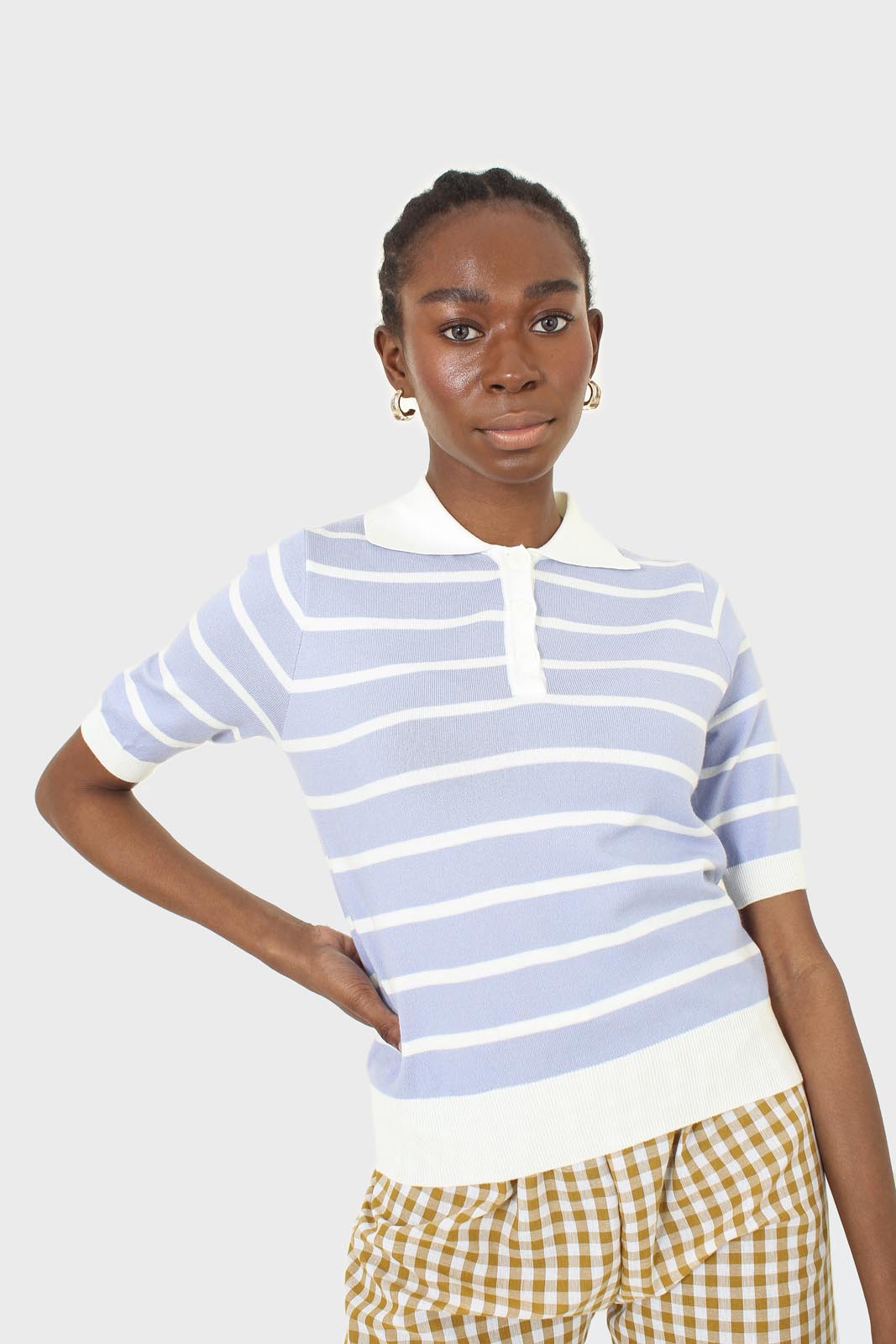 Blue striped polo knit top