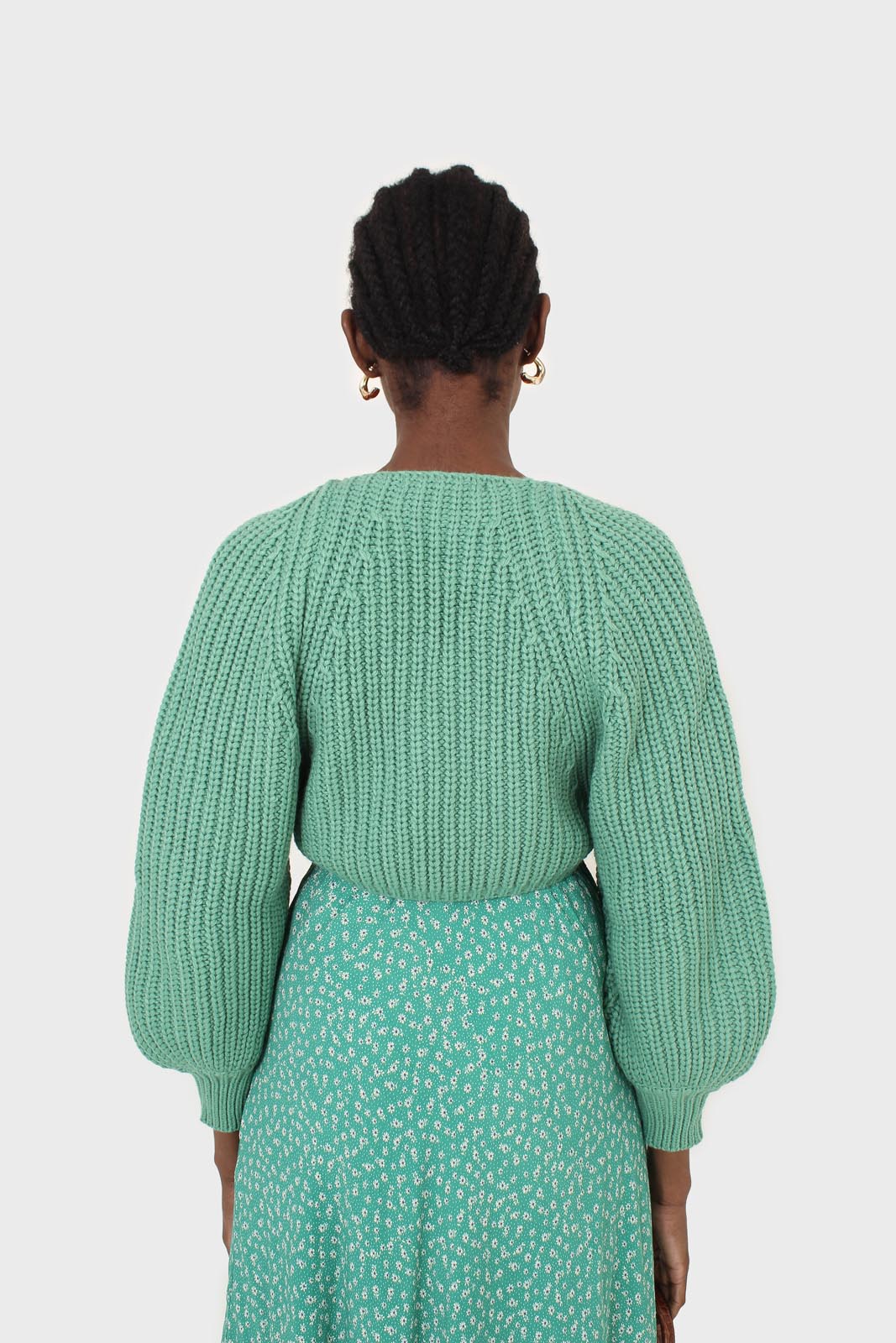 Green cross over balloon sleeve sweater