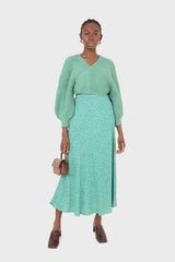 Green cross over balloon sleeve sweater