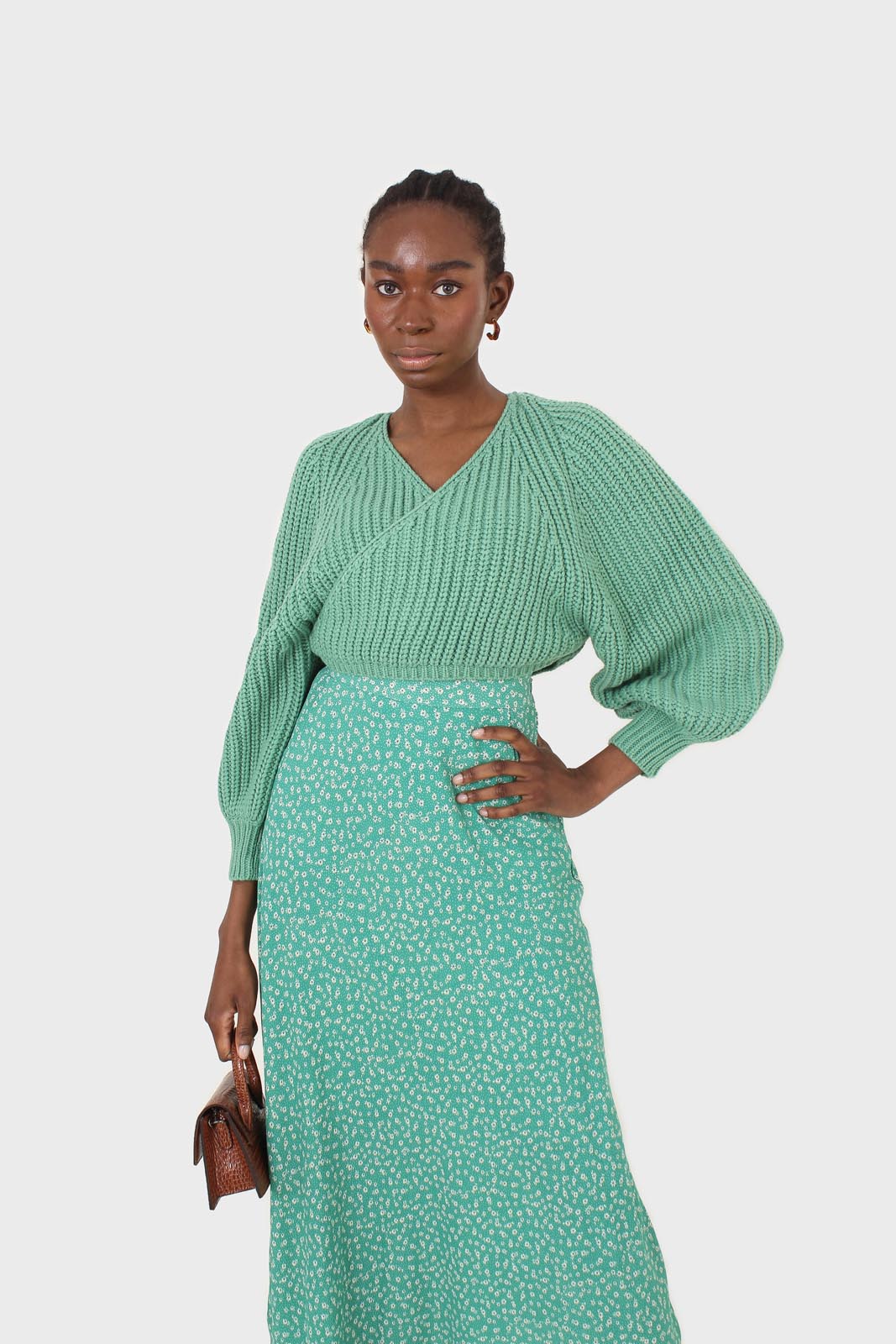 Green cross over balloon sleeve sweater
