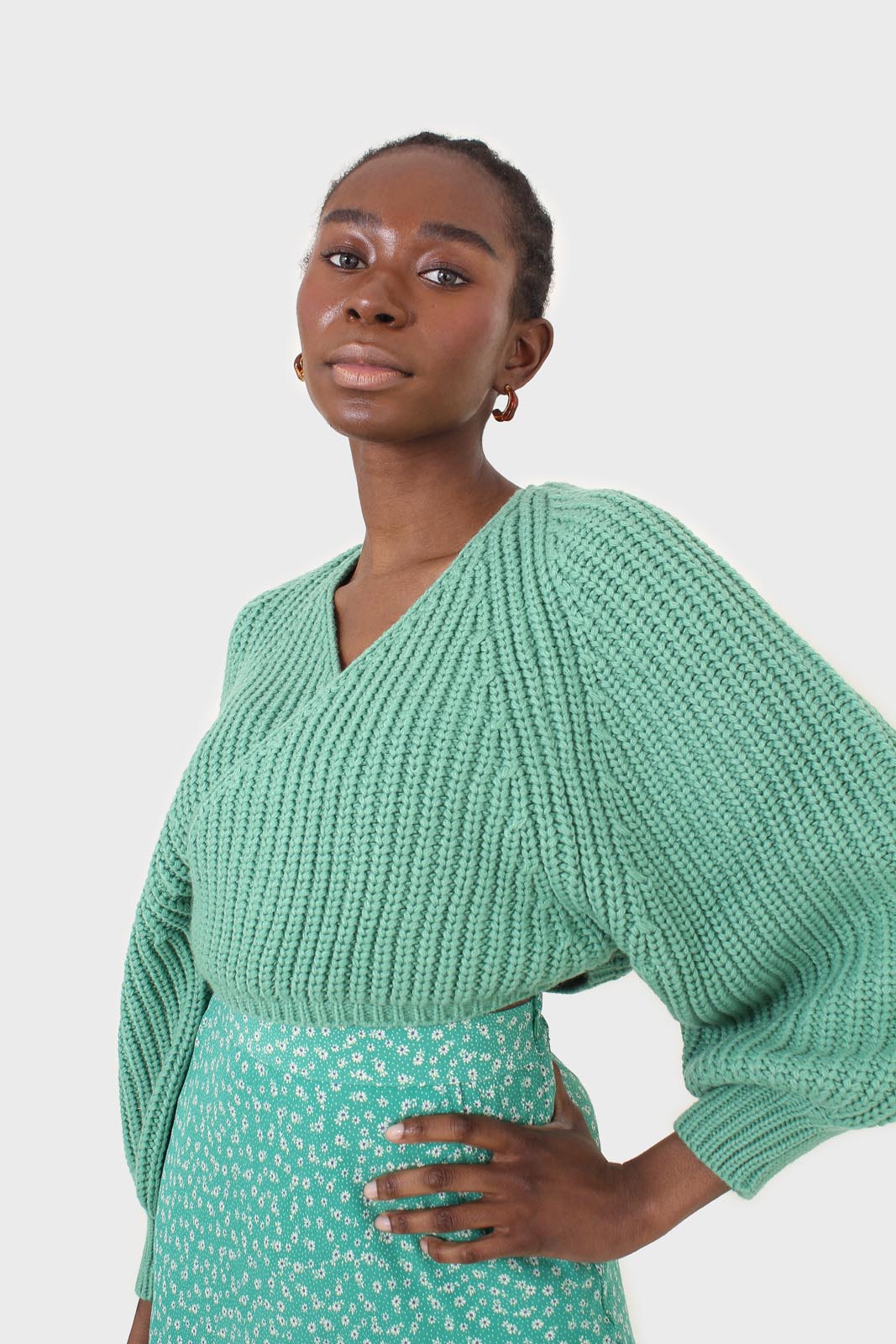 Green cross over balloon sleeve sweater