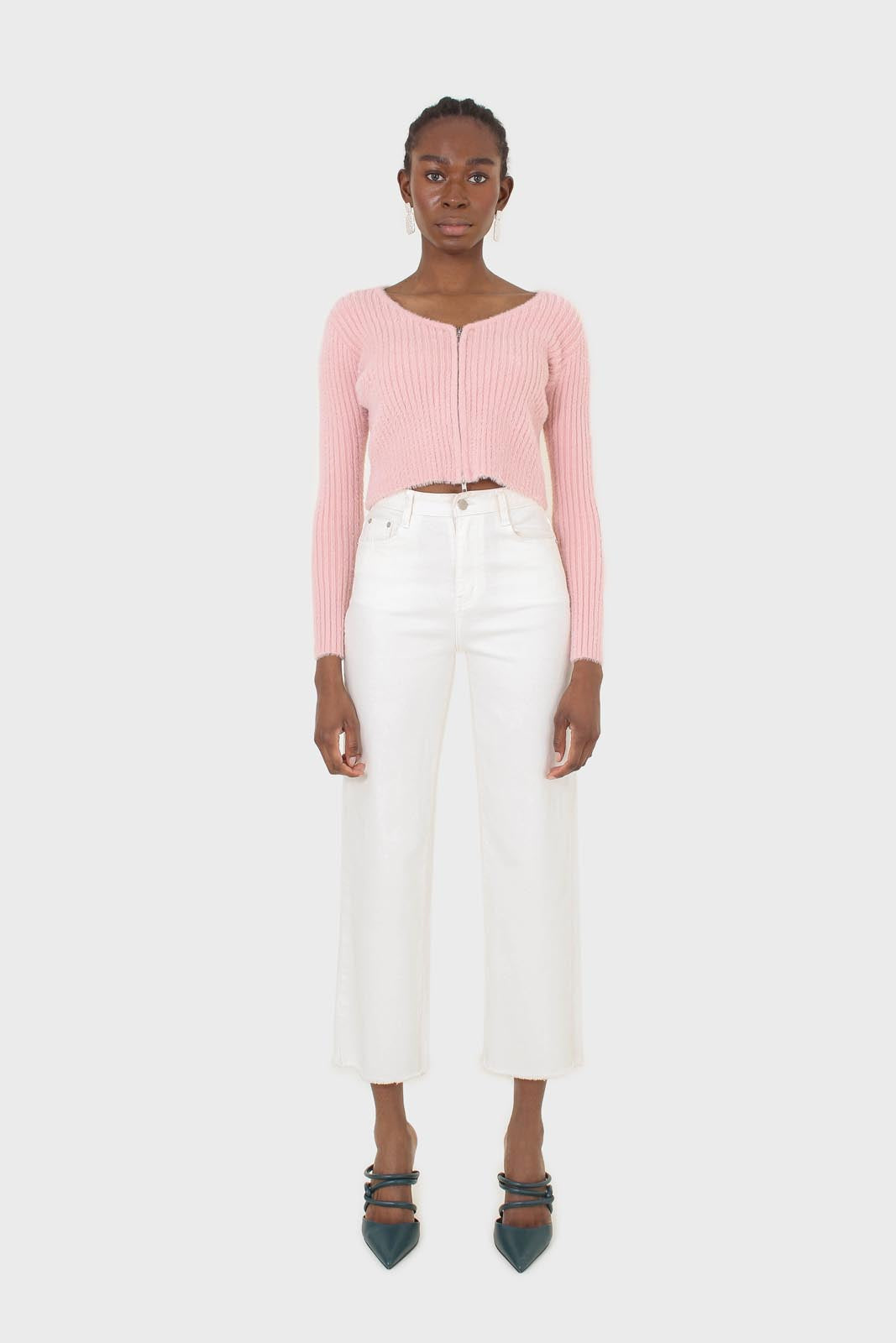 Baby pink ribbed zip cardigan