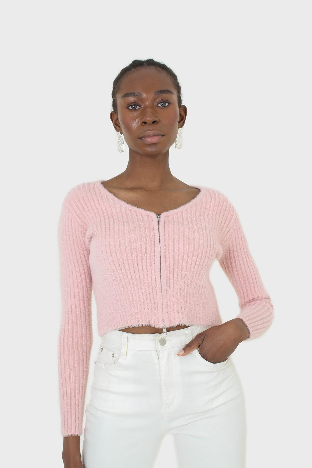 Baby pink ribbed zip cardigan