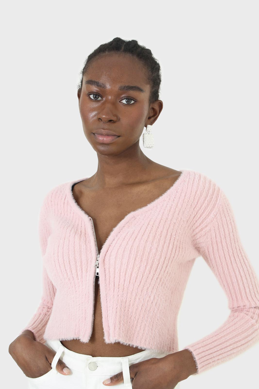 Baby pink ribbed zip cardigan