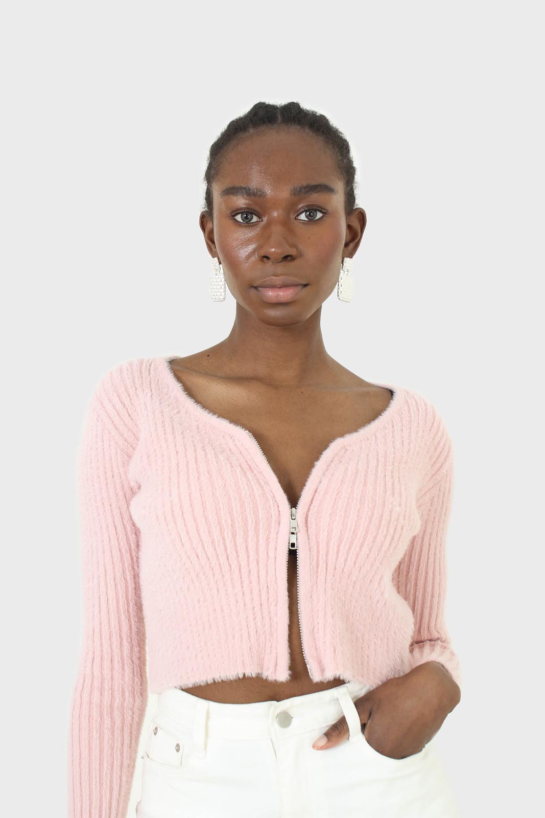 Baby pink ribbed zip cardigan