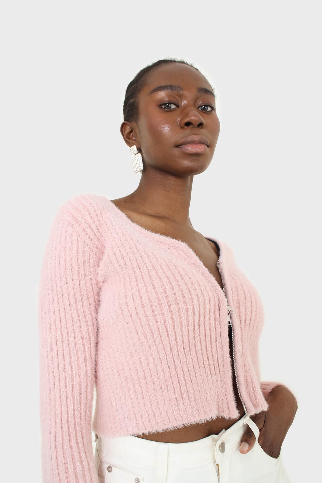 Baby pink ribbed zip cardigan