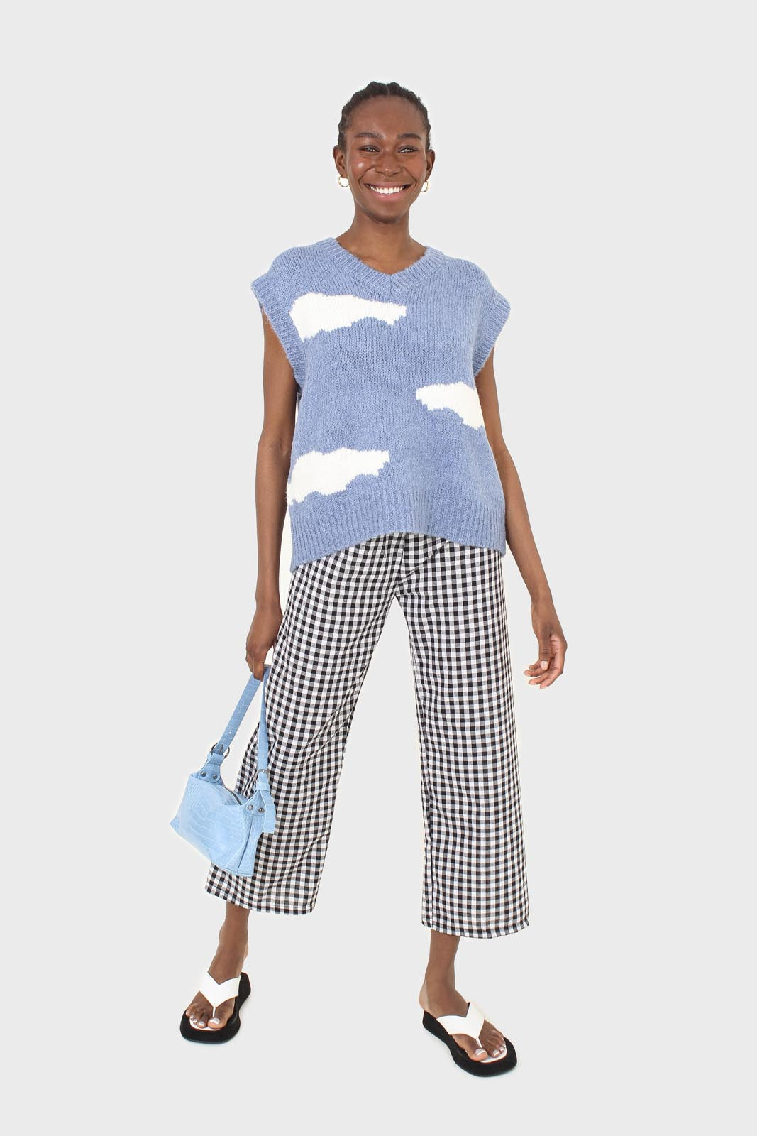 Blue and white intarsia cloud wool blend vest