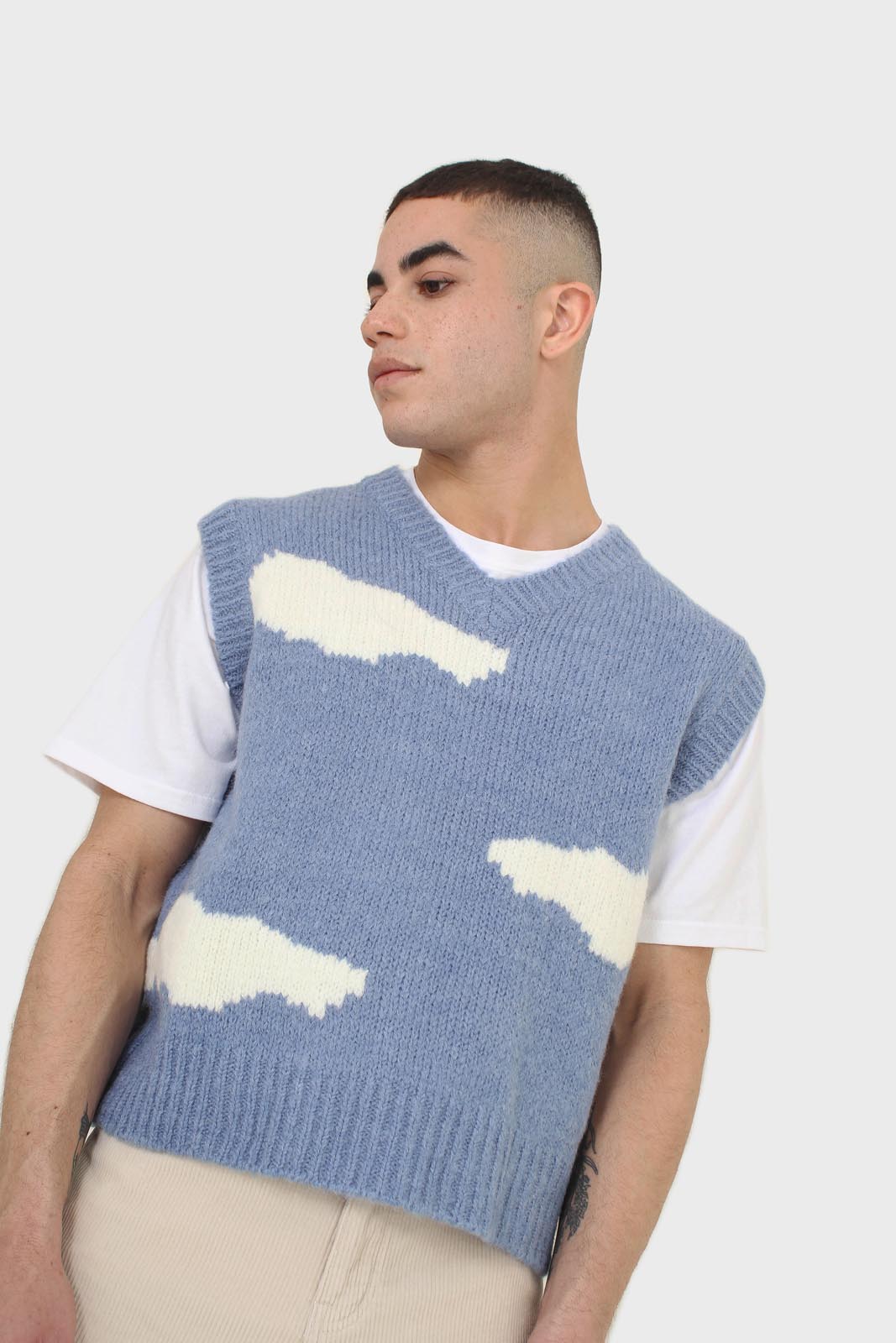 Blue and white intarsia cloud wool blend vest