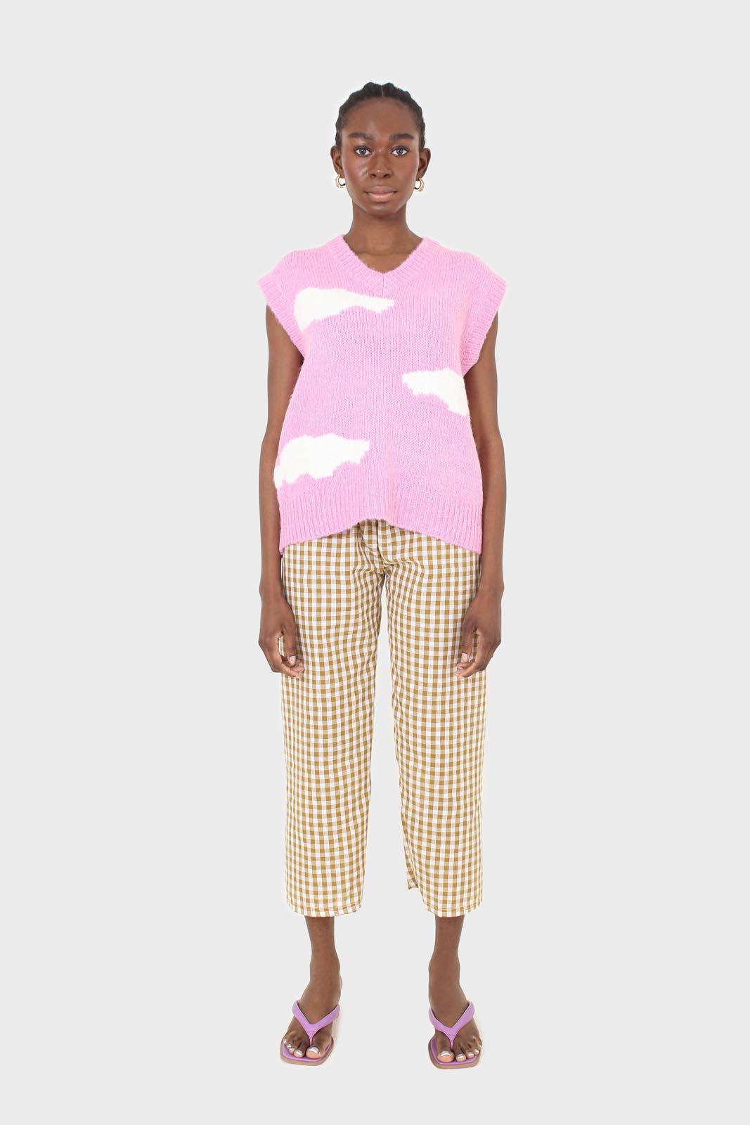 Pink and white intarsia cloud wool blend vest
