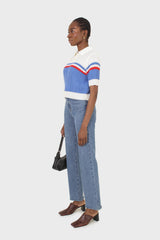Blue and ivory polo short sleeve knit top
