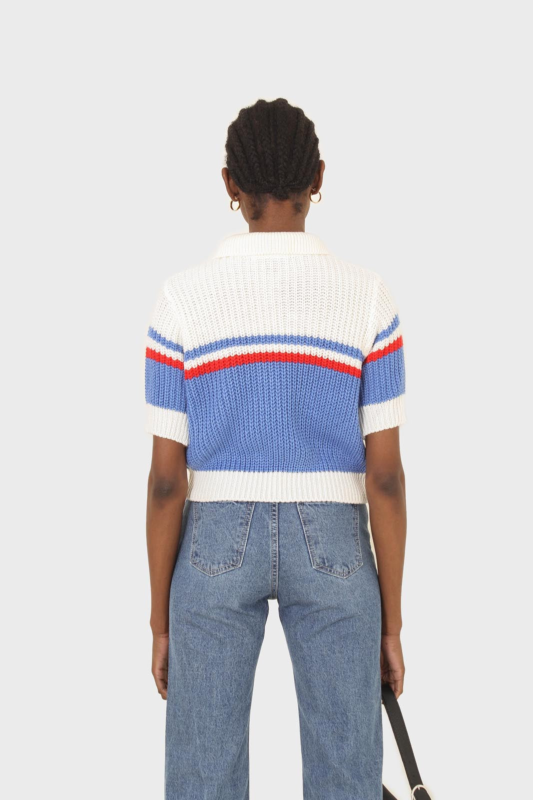 Blue and ivory polo short sleeve knit top