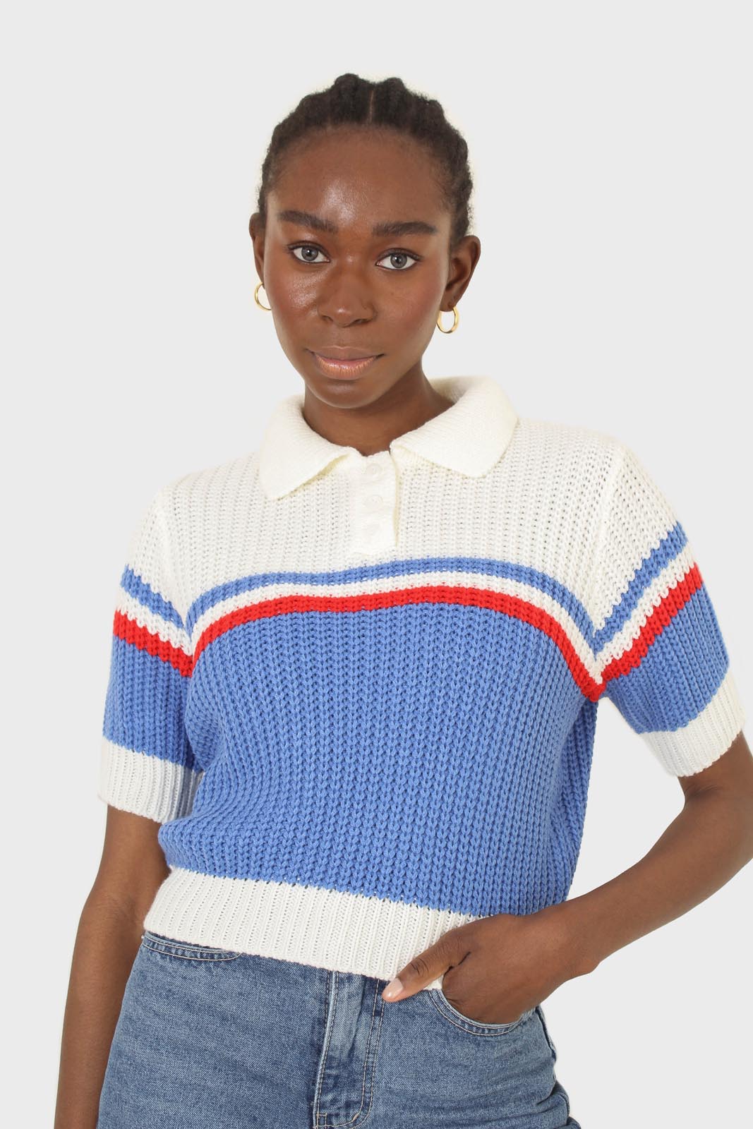 Blue and ivory polo short sleeve knit top
