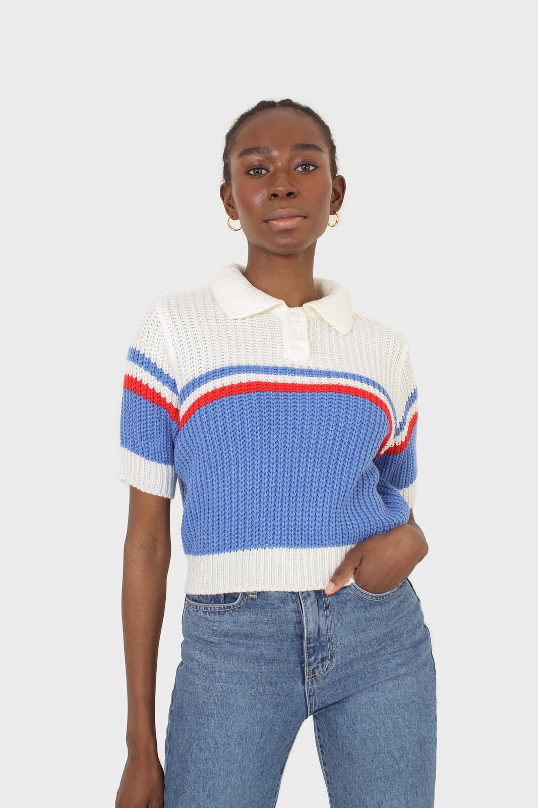 Blue and ivory polo short sleeve knit top
