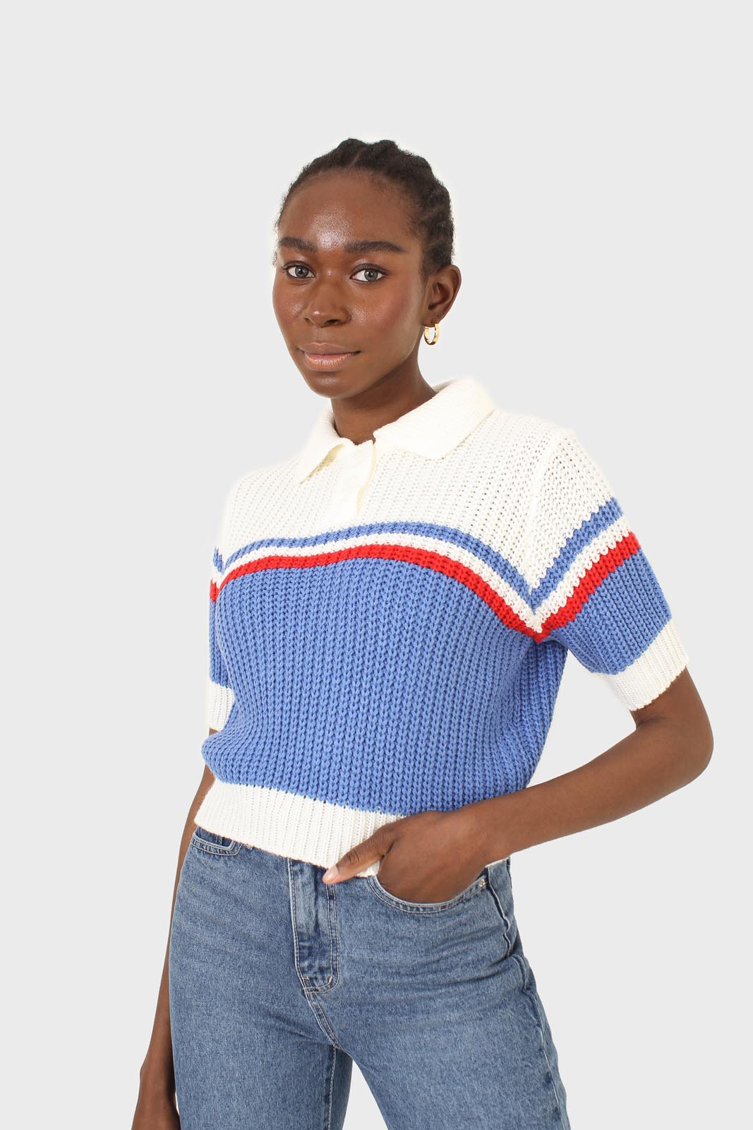 Blue and ivory polo short sleeve knit top
