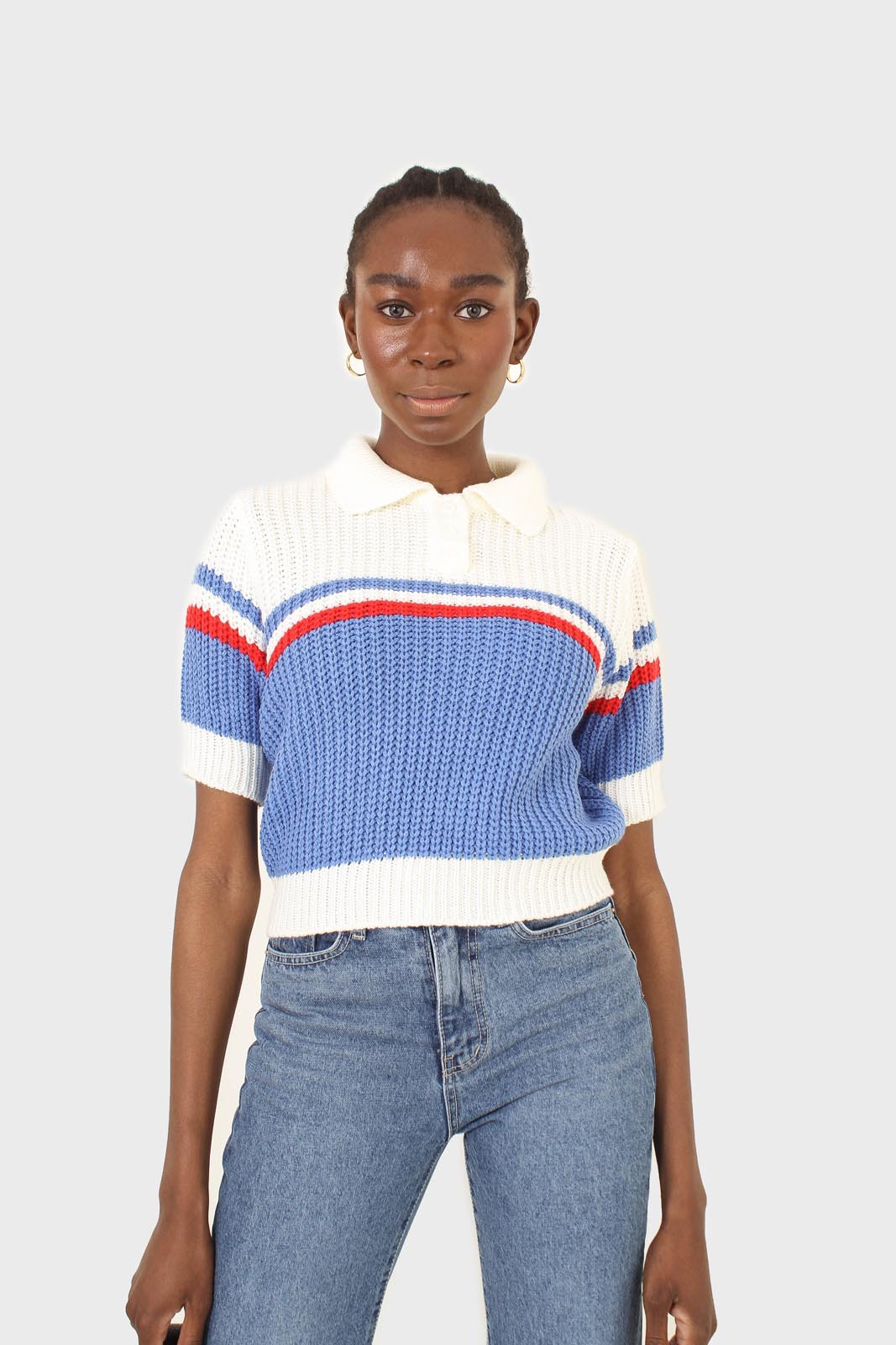 Blue and ivory polo short sleeve knit top