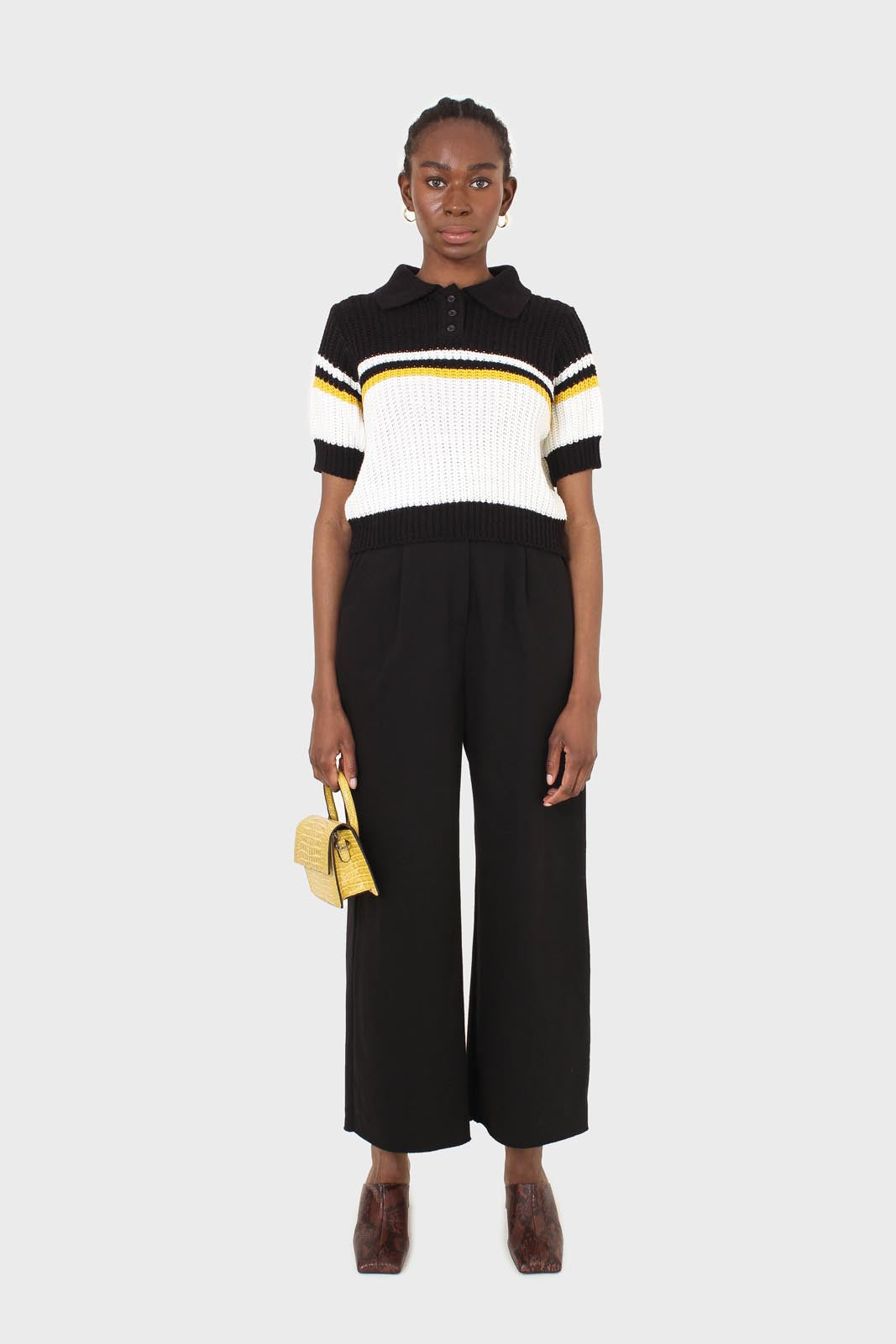 Black and ivory polo short sleeve knit top