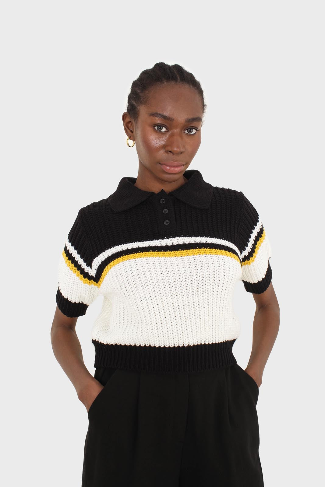 Black and ivory polo short sleeve knit top