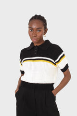 Black and ivory polo short sleeve knit top