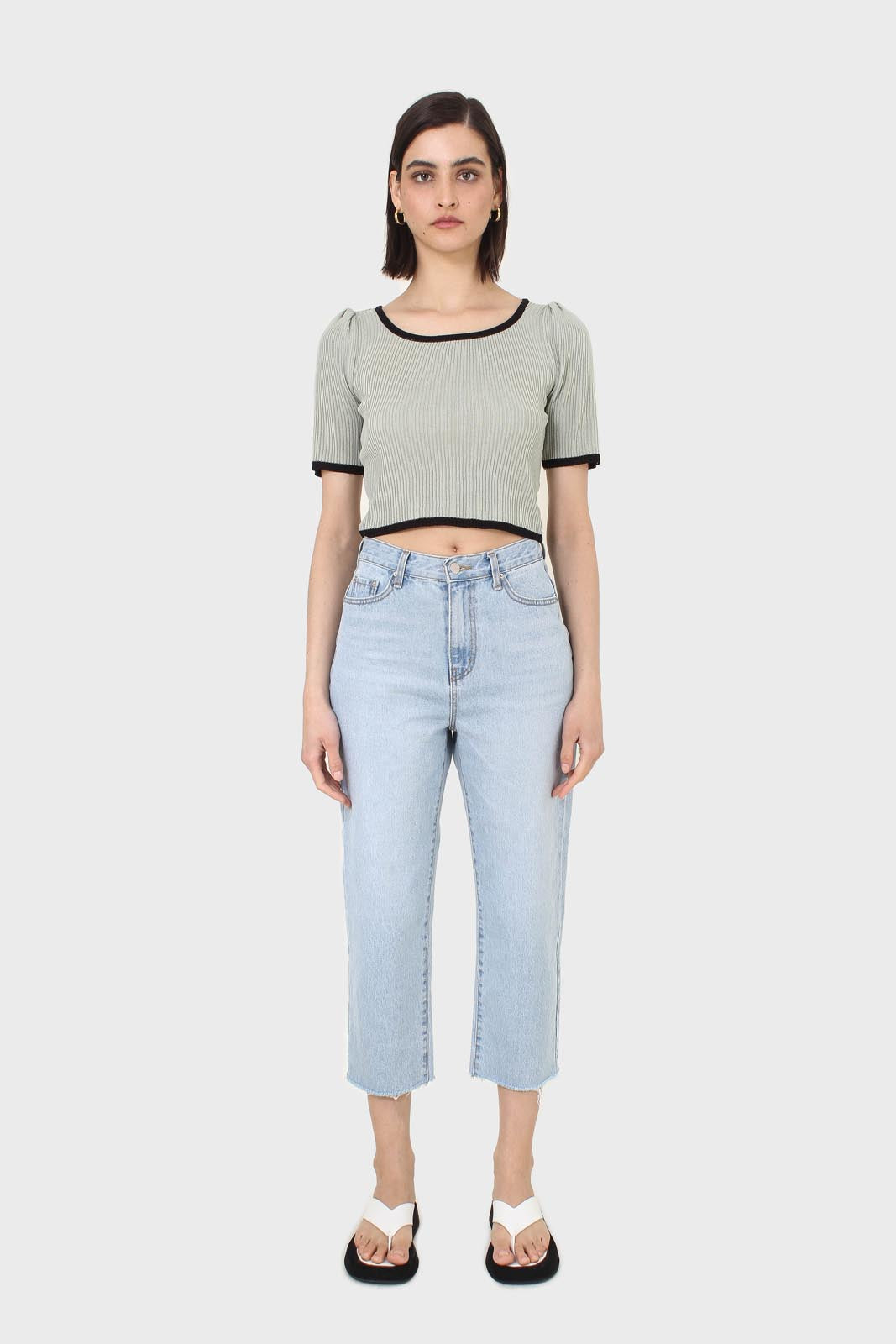 Mint and black binding puff sleeve knit top