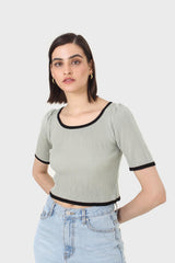 Mint and black binding puff sleeve knit top